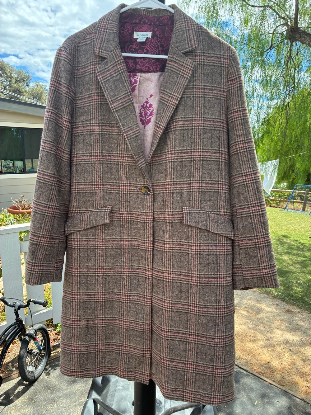 Sundance Taupe and Pink Plaid Wool-Blend Single-Button Trench Coat